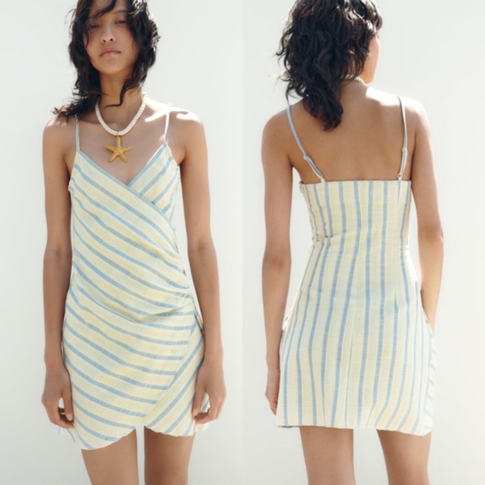 Zara NEW Cream and Blue Striped Faux Wrap Mini Dress